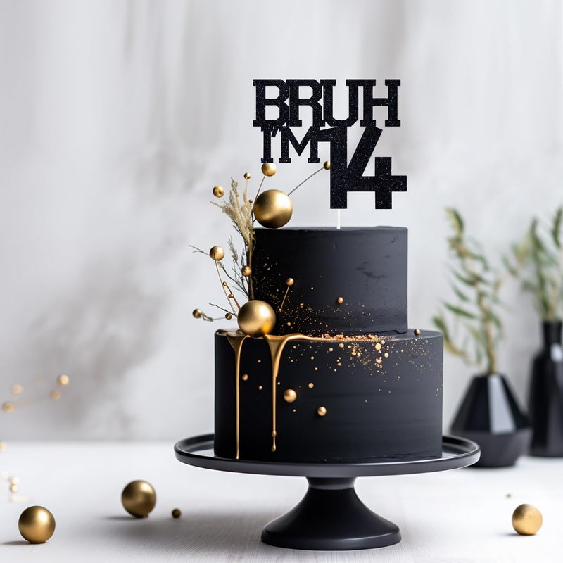 ZACHAKO Black Glitter Bruh I'm 14 Cake Topper  Happy 14th Birthday/Bro I'm 14  Funny 14th Birthday Party Decorations - Image 5